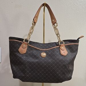 🌾 Rioni Dark Brown Patterned Shoulder Bag with Tan Trim and Gold Hardware